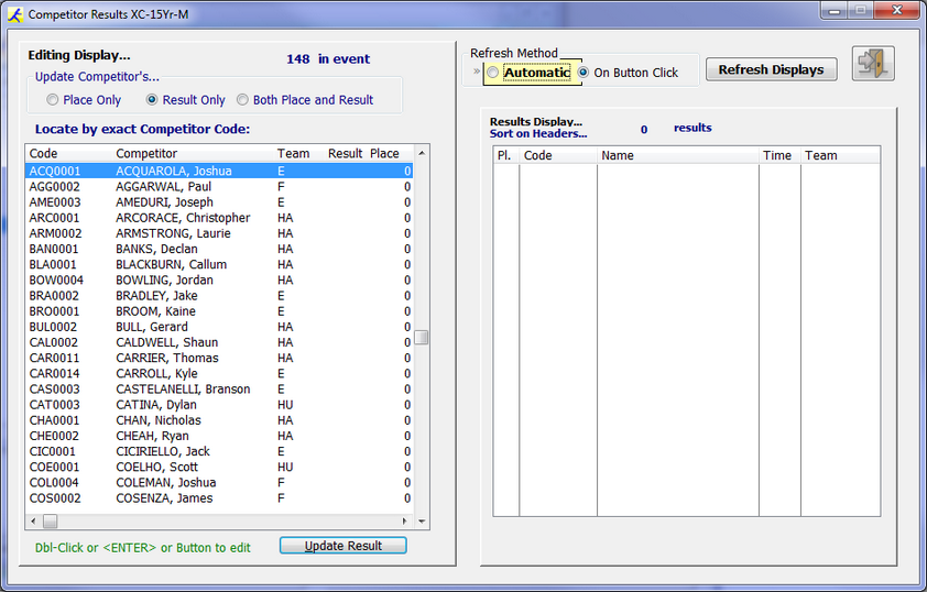 Results Entry Window