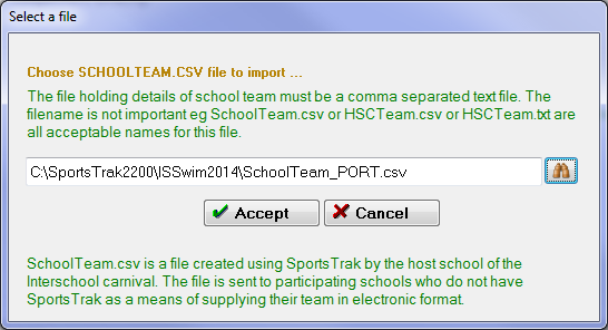Selecting a SchoolTeam file for import