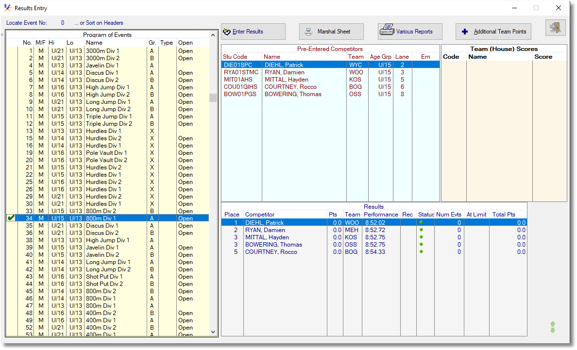 SportsTrak Results Window