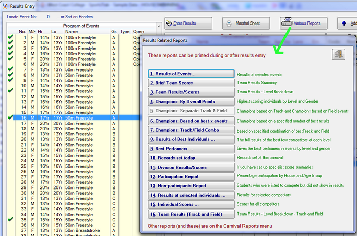 Various reports available from Results Entry
